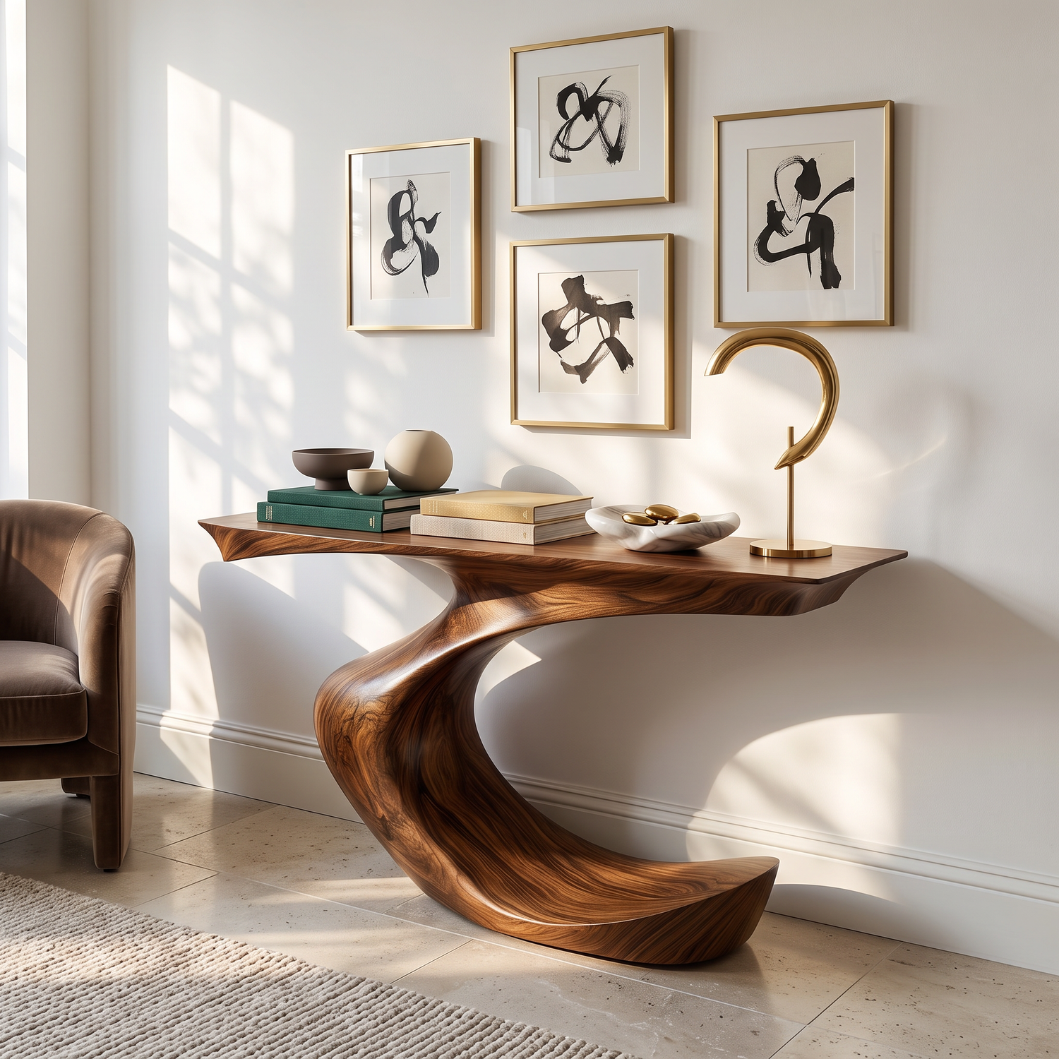 Console Table Solid Wood with Sculptural Crescent Curve Base