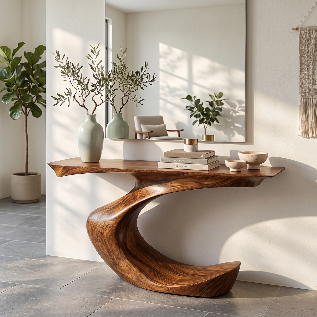 Console Table Solid Wood with Sculptural Crescent Curve Base