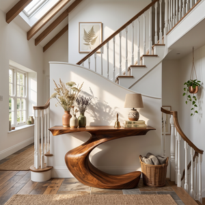 Console Table Solid Wood with Sculptural Crescent Curve Base