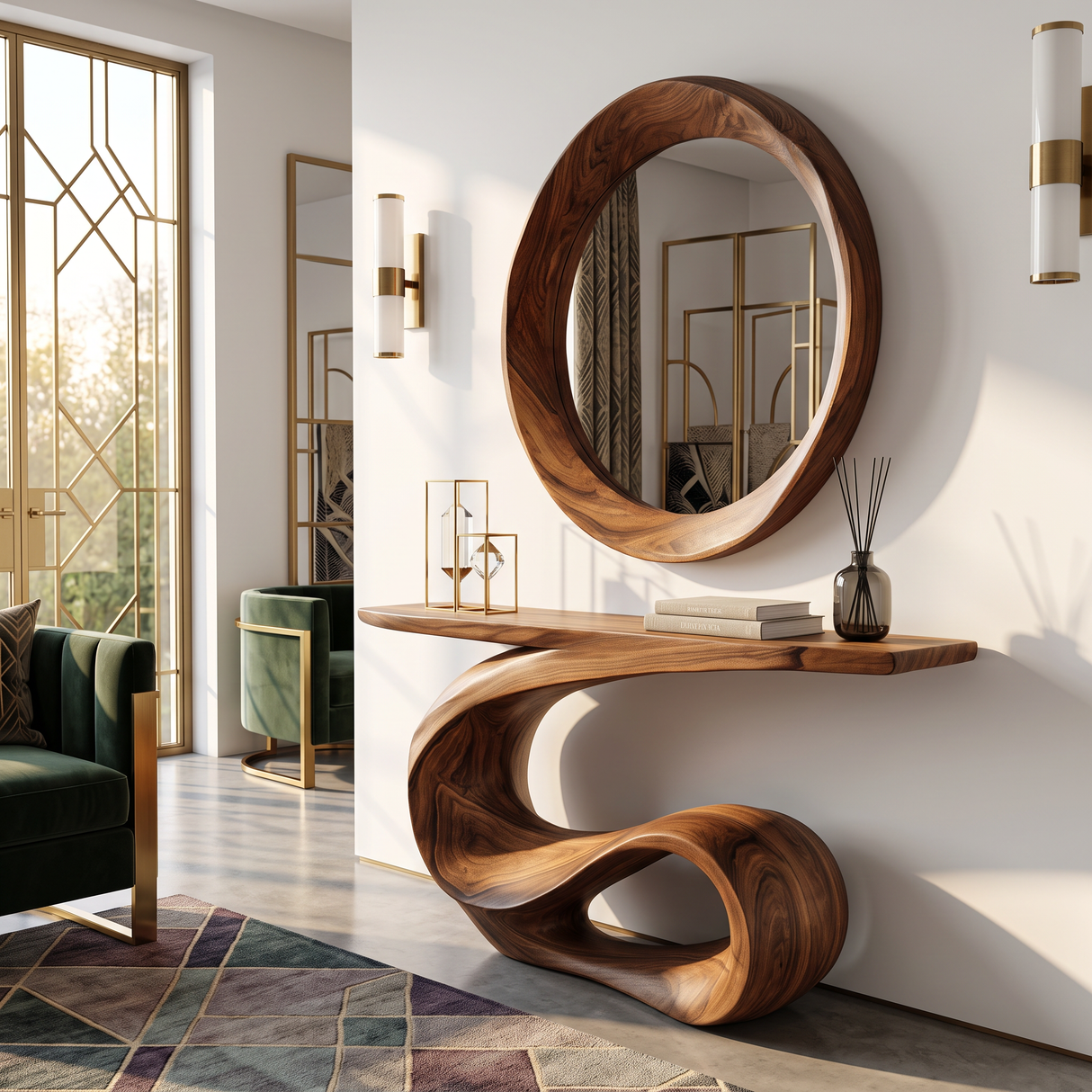 Console Table Solid Wood with Sculptural Loop Wave Base for Entryway Decor