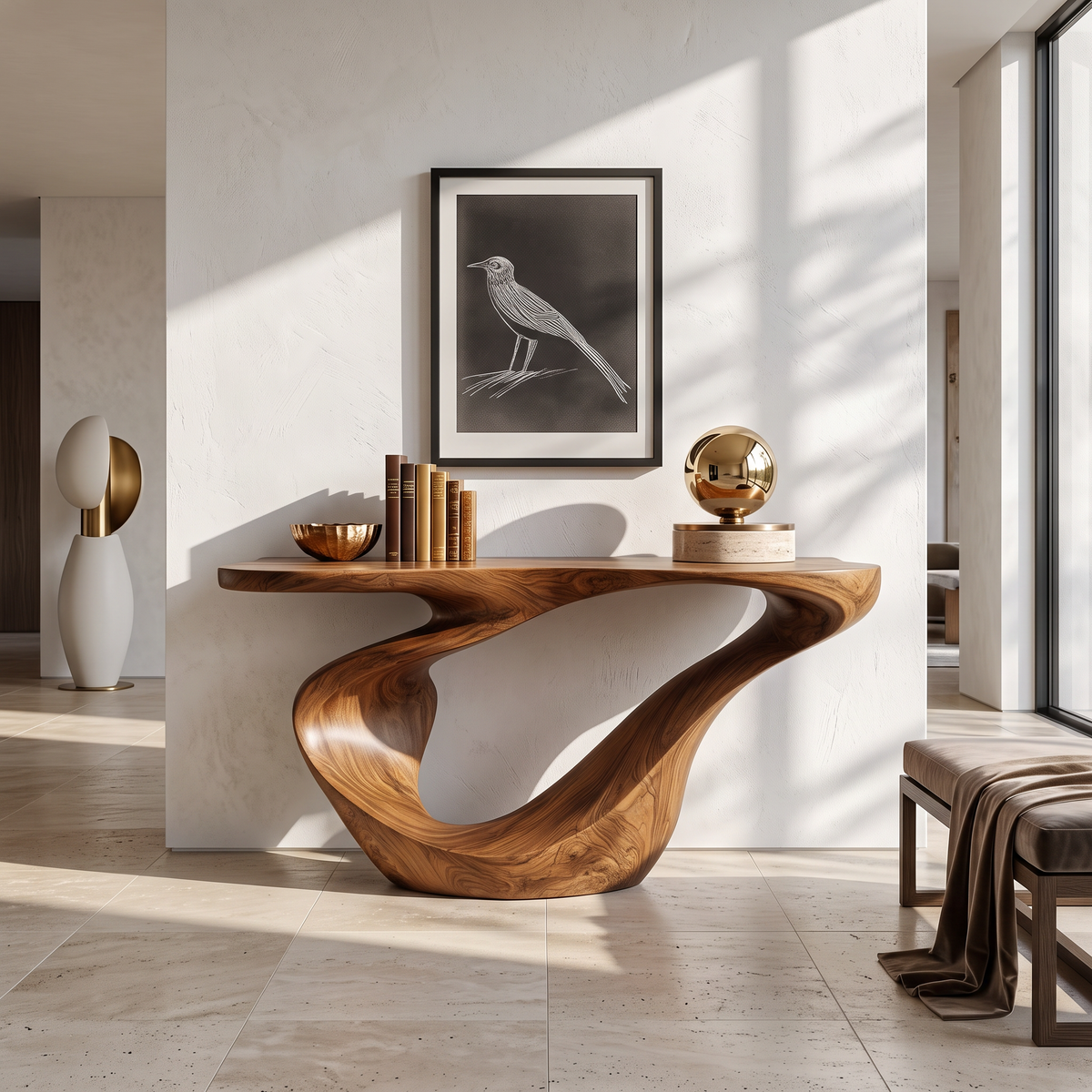 Console Table Solid Wood with Sculptural Sweeping Loop Base