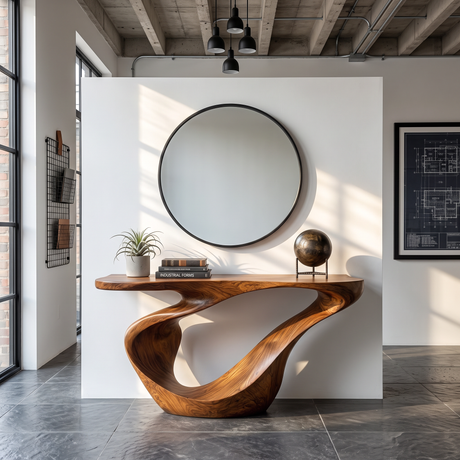 Console Table Solid Wood with Sculptural Sweeping Loop Base
