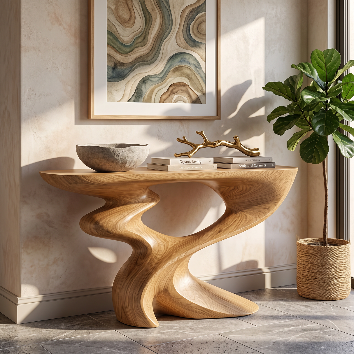 Console Table Solid Wood with Sculptural Spiral Curve Base