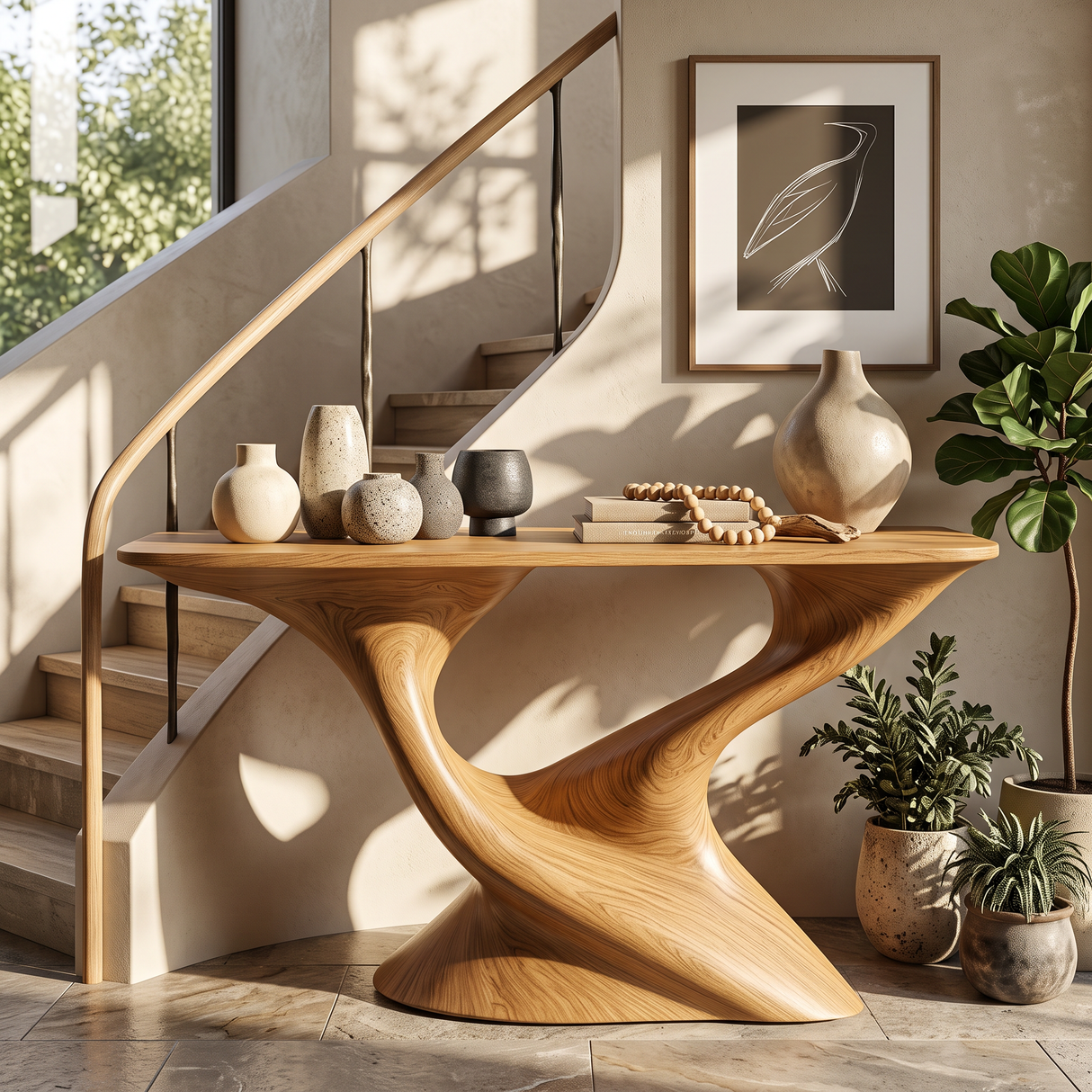 Console Table Solid Wood with Sculptural Tree Form Base for Entryway Decor