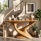 Console Table Solid Wood with Sculptural Tree Form Base for Entryway Decor