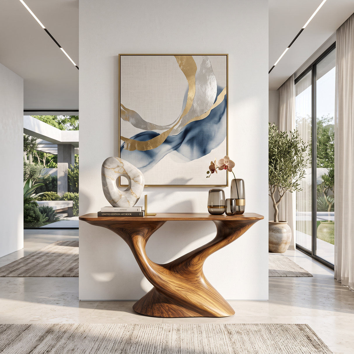 Console Table Solid Wood with Sculptural Tree Form Base for Entryway Decor
