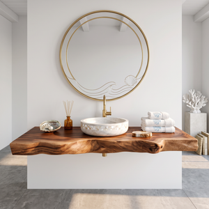 Solid Wood Floating Bathroom Vanity Shelf with Sculpted Live Edge for Modern Decor