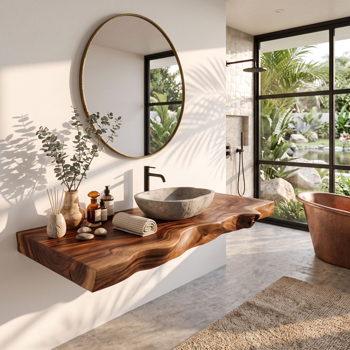 Solid Wood Floating Bathroom Vanity Shelf with Sculpted Live Edge for Modern Decor