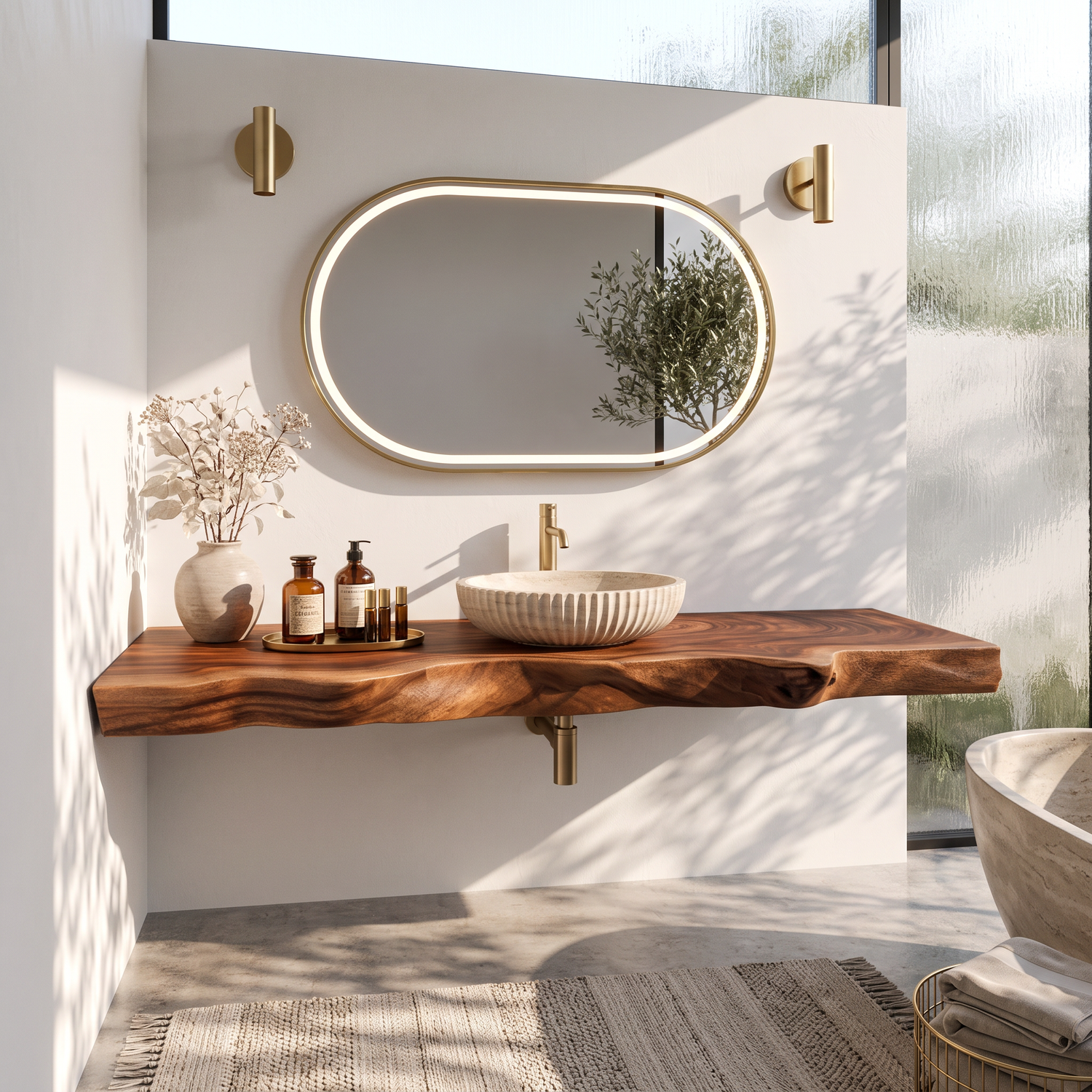 Solid Wood Floating Bathroom Vanity Shelf with Sculpted Live Edge for Modern Decor