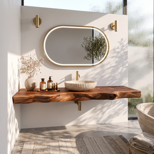 Solid Wood Floating Bathroom Vanity Shelf with Sculpted Live Edge for Modern Decor