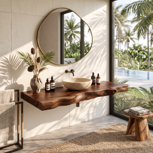 Solid Wood Floating Bathroom Vanity Shelf with Sculpted Live Edge for Modern Decor