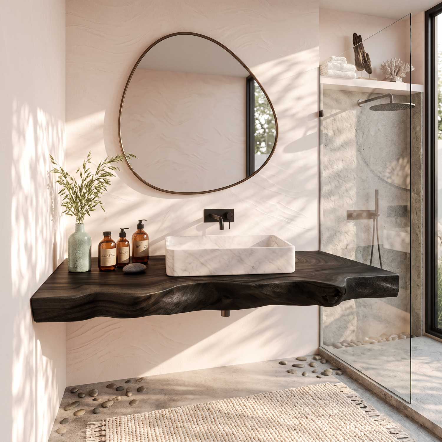 Solid Wood Floating Bathroom Vanity Shelf with Sculpted Live Edge for Modern Decor