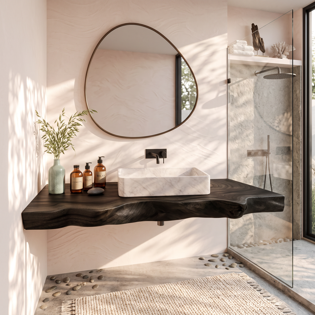 Solid Wood Floating Bathroom Vanity Shelf with Sculpted Live Edge for Modern Decor