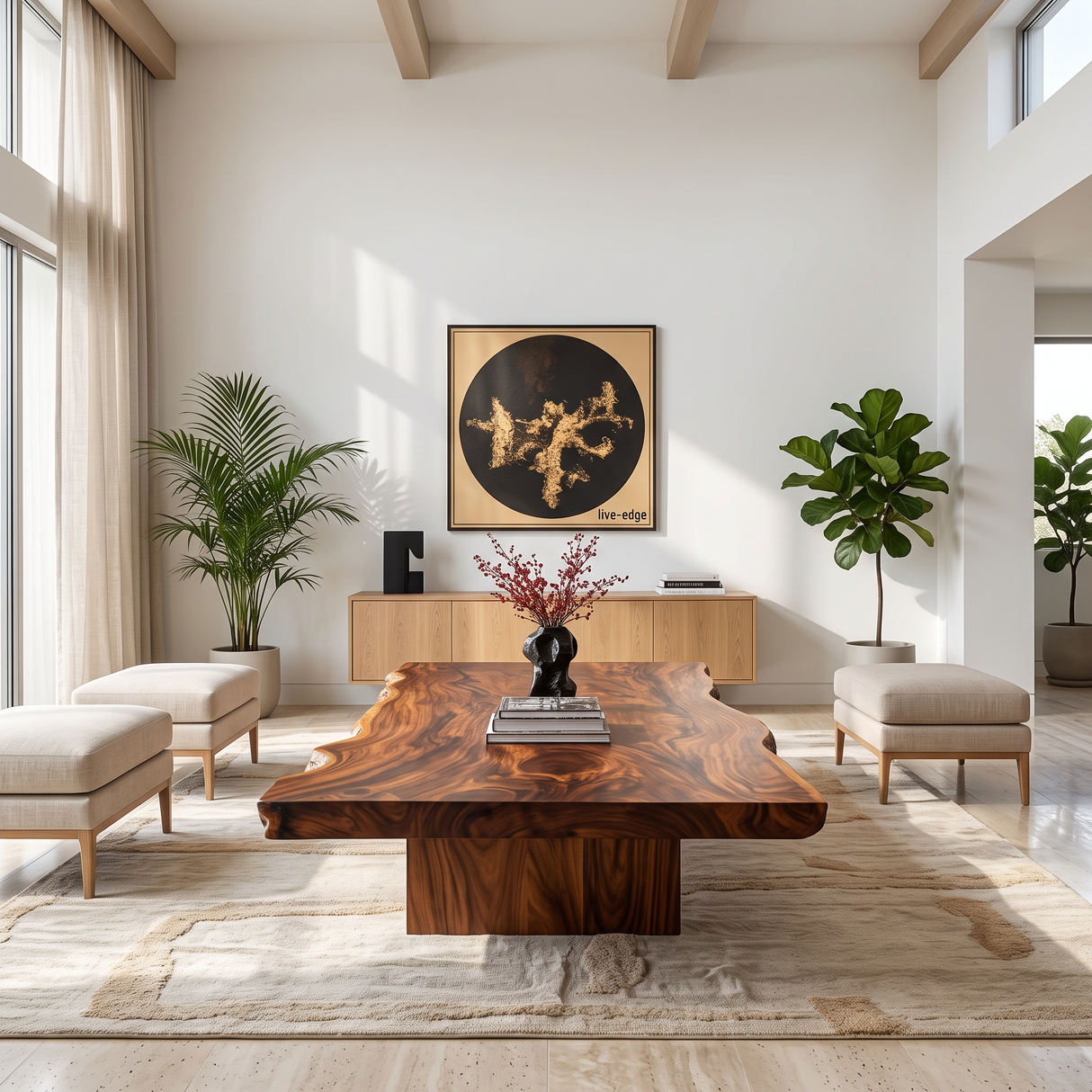 Coffee Table Solid Wood with Organic Live Edge and Block Base for Living Room