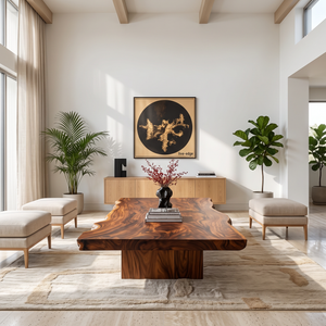 Coffee Table Solid Wood with Organic Live Edge and Block Base for Living Room