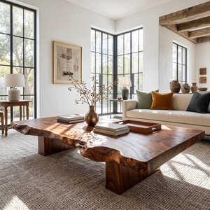 Coffee Table Solid Wood with Organic Live Edge and Block Base for Living Room