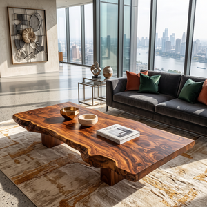 Coffee Table Solid Wood with Organic Live Edge and Block Base for Living Room