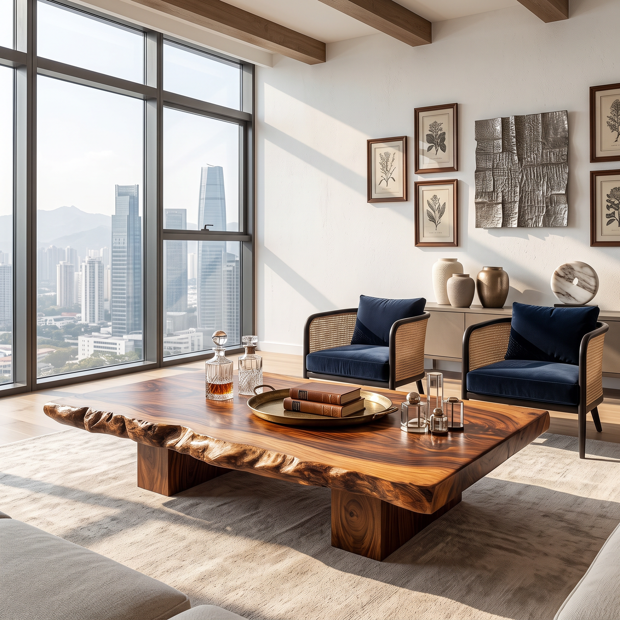 Coffee Table Solid Wood with Japanese Style Live Edge Slab and Block Base