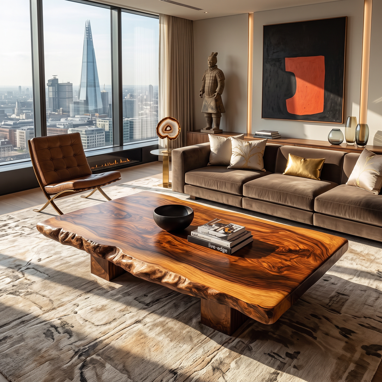 Coffee Table Solid Wood with Japanese Style Live Edge Slab and Block Base