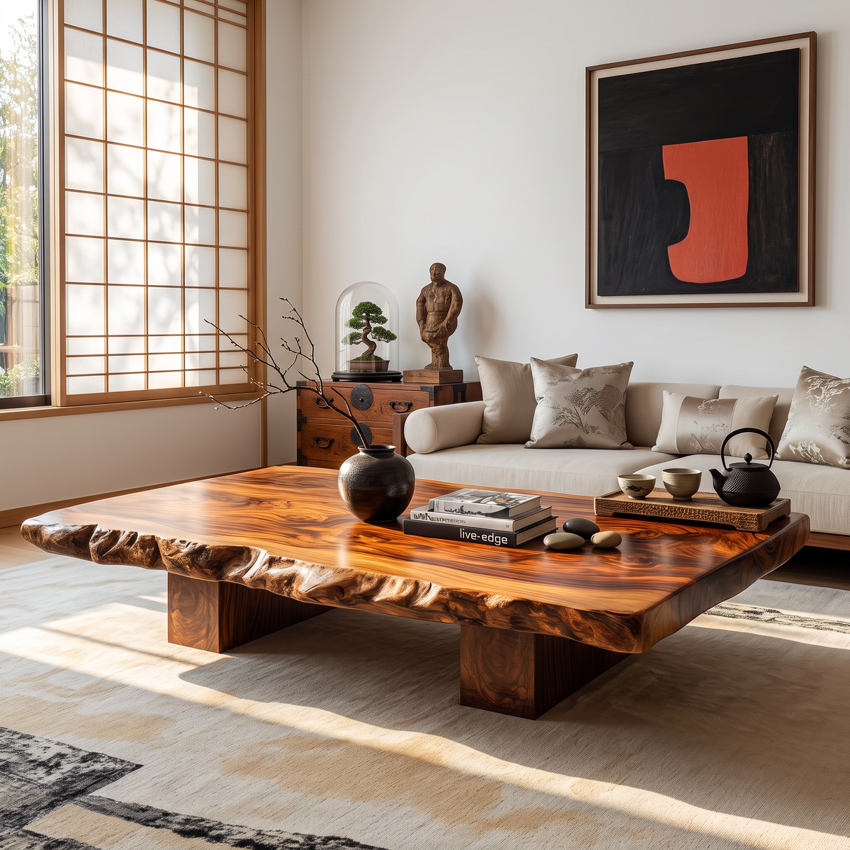 Coffee Table Solid Wood with Japanese Style Live Edge Slab and Block Base