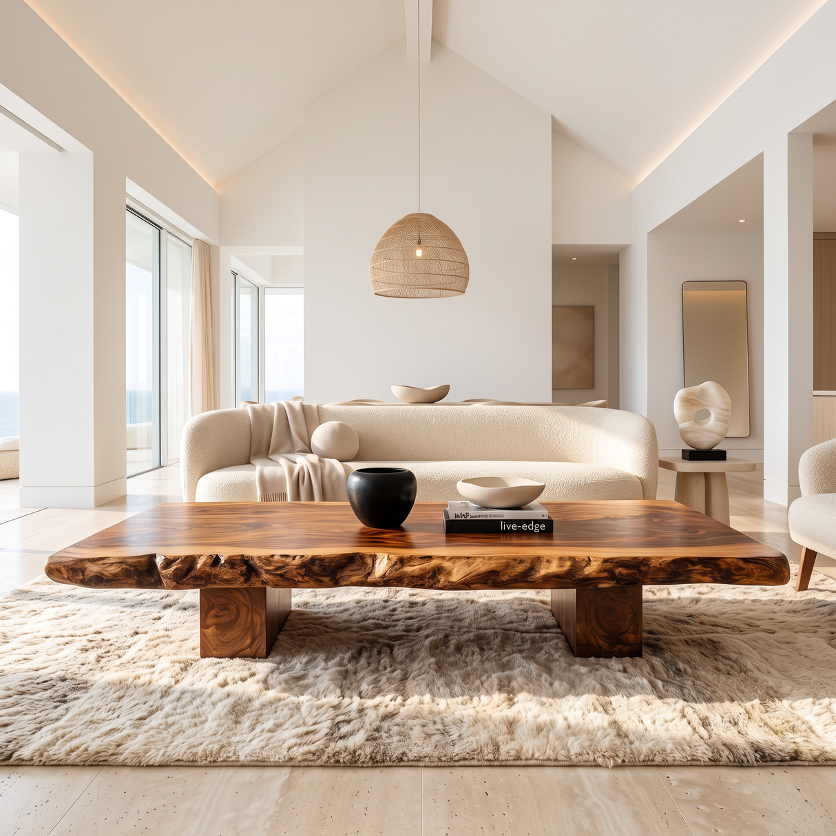 Coffee Table Solid Wood with Japanese Style Live Edge Slab and Block Base