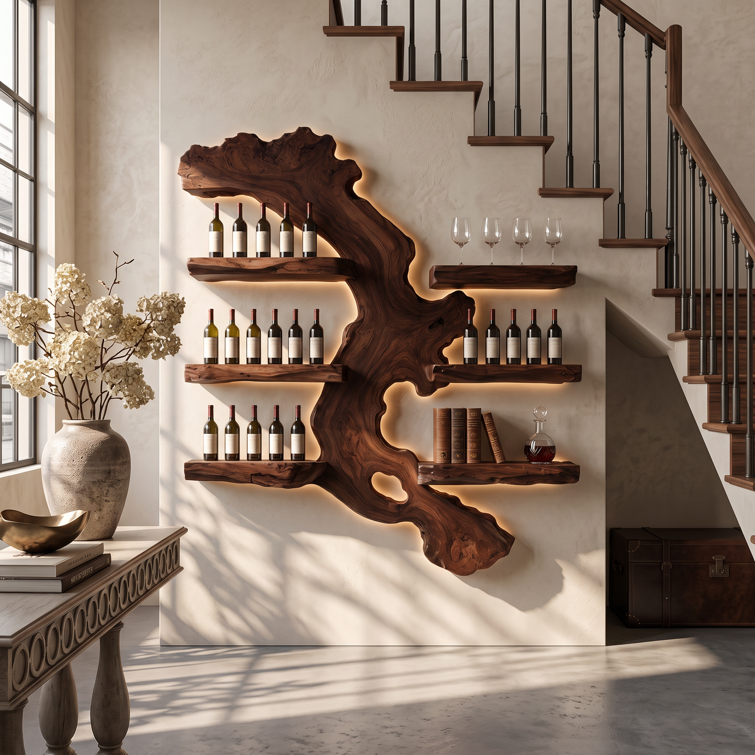 Wall Mounted Wine Rack Solid Wood with Abstract Live Edge Shelves