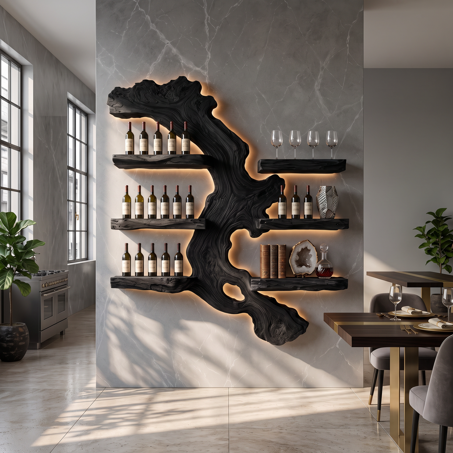 Wall Mounted Wine Rack Solid Wood with Abstract Live Edge Shelves