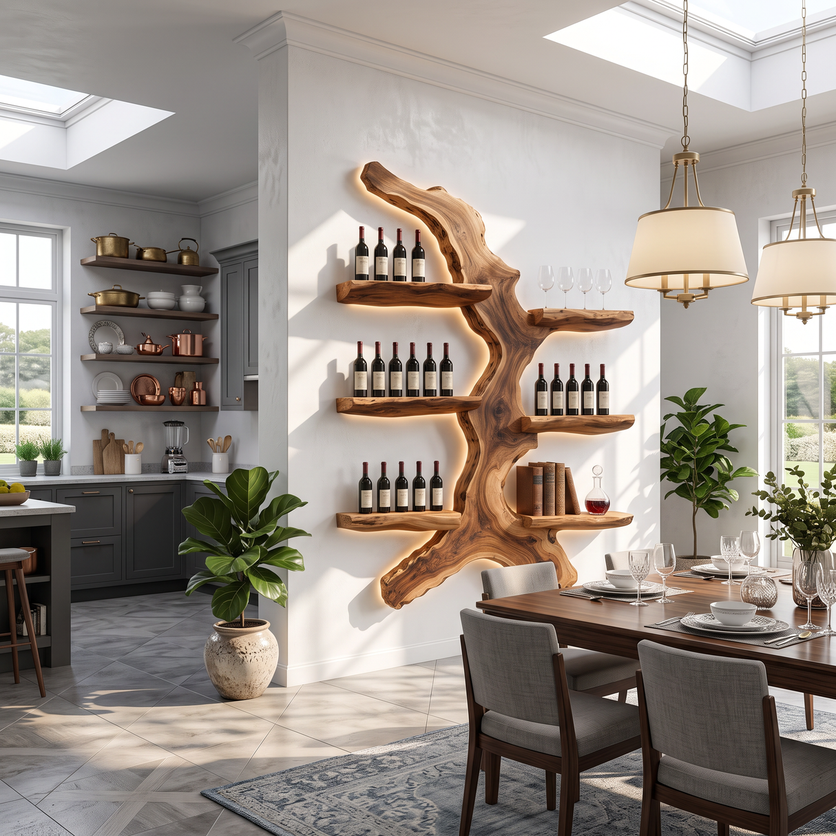 Wall Mounted Wine Rack Solid Wood with Sculptural Organic Form Shelves