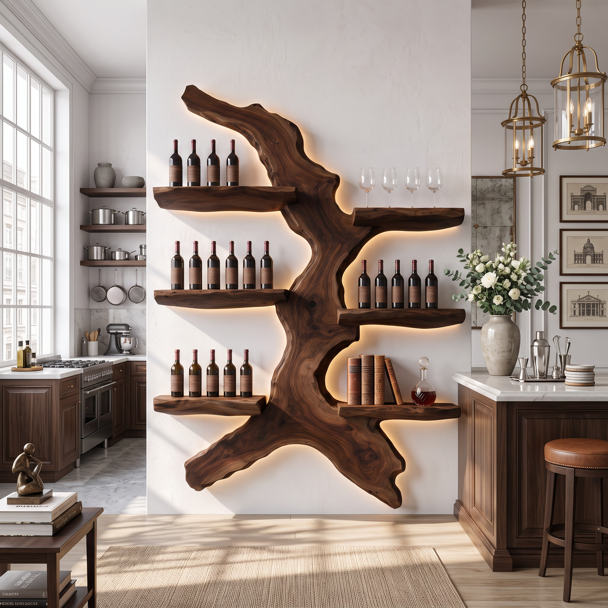 Wall Mounted Wine Rack Solid Wood with Sculptural Organic Form Shelves