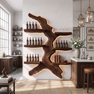 Wall Mounted Wine Rack Solid Wood with Sculptural Organic Form Shelves