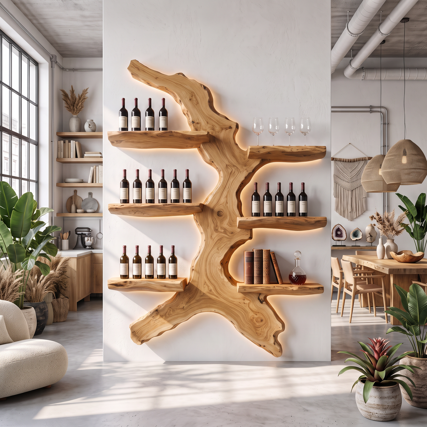 Wall Mounted Wine Rack Solid Wood with Sculptural Organic Form Shelves