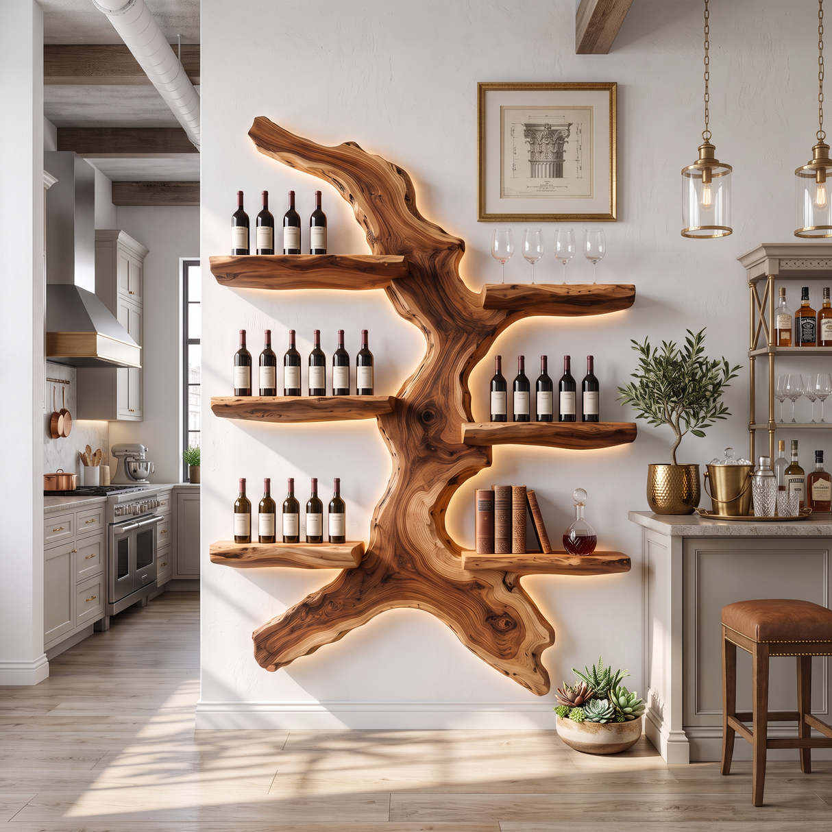 Wall Mounted Wine Rack Solid Wood with Sculptural Organic Form Shelves