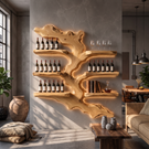 Wall Mounted Wine Rack Solid Wood with Sculptural Live Edge Shelves for Home Bar