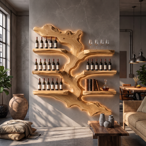 Wall Mounted Wine Rack Solid Wood with Sculptural Live Edge Shelves for Home Bar