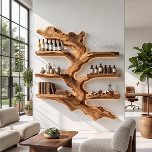 Wall Mounted Wine Rack Solid Wood with Sculptural Live Edge Shelves for Home Bar