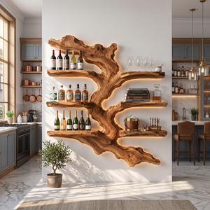 Wall Mounted Wine Rack Solid Wood with Sculptural Live Edge Shelves for Home Bar