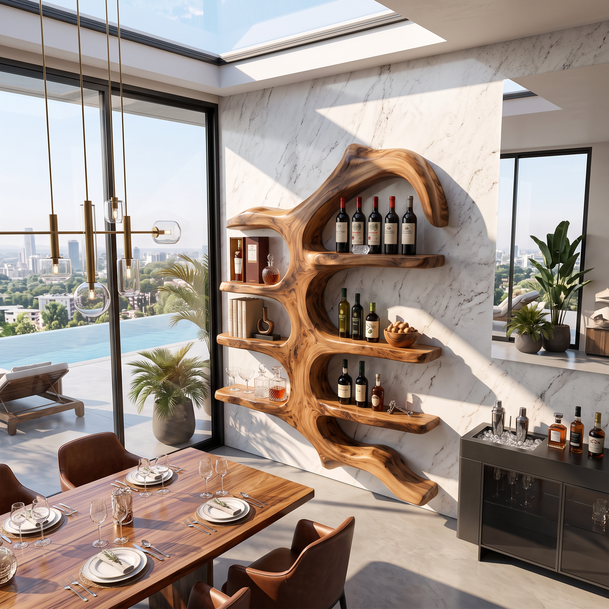 Wall Mounted Wine Rack Solid Wood with Sculptural Organic Frame and Floating Shelves