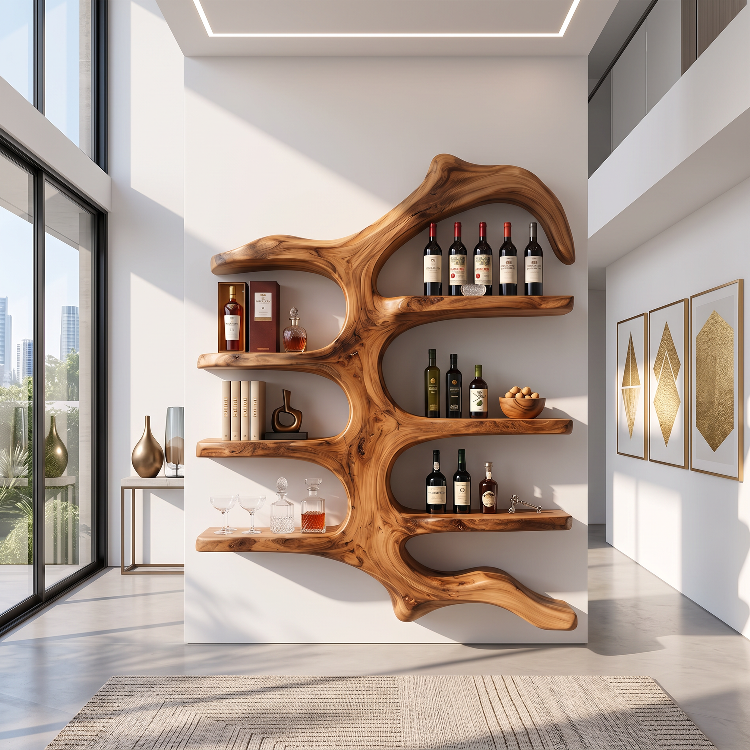 Wall Mounted Wine Rack Solid Wood with Sculptural Organic Frame and Floating Shelves