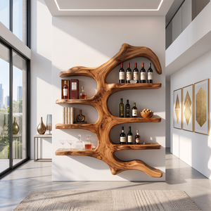 Wall Mounted Wine Rack Solid Wood with Sculptural Organic Frame and Floating Shelves