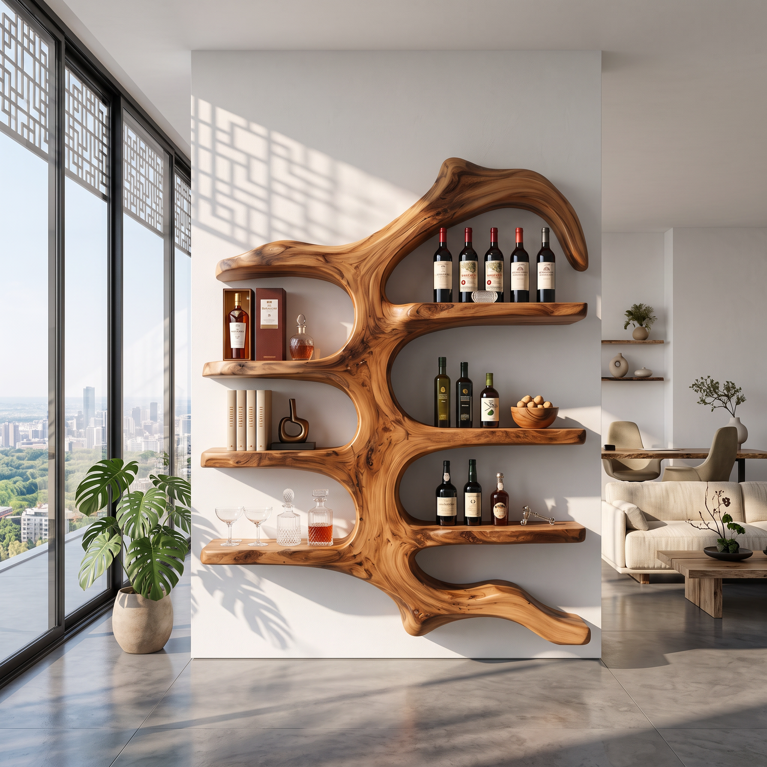 Wall Mounted Wine Rack Solid Wood with Sculptural Organic Frame and Floating Shelves