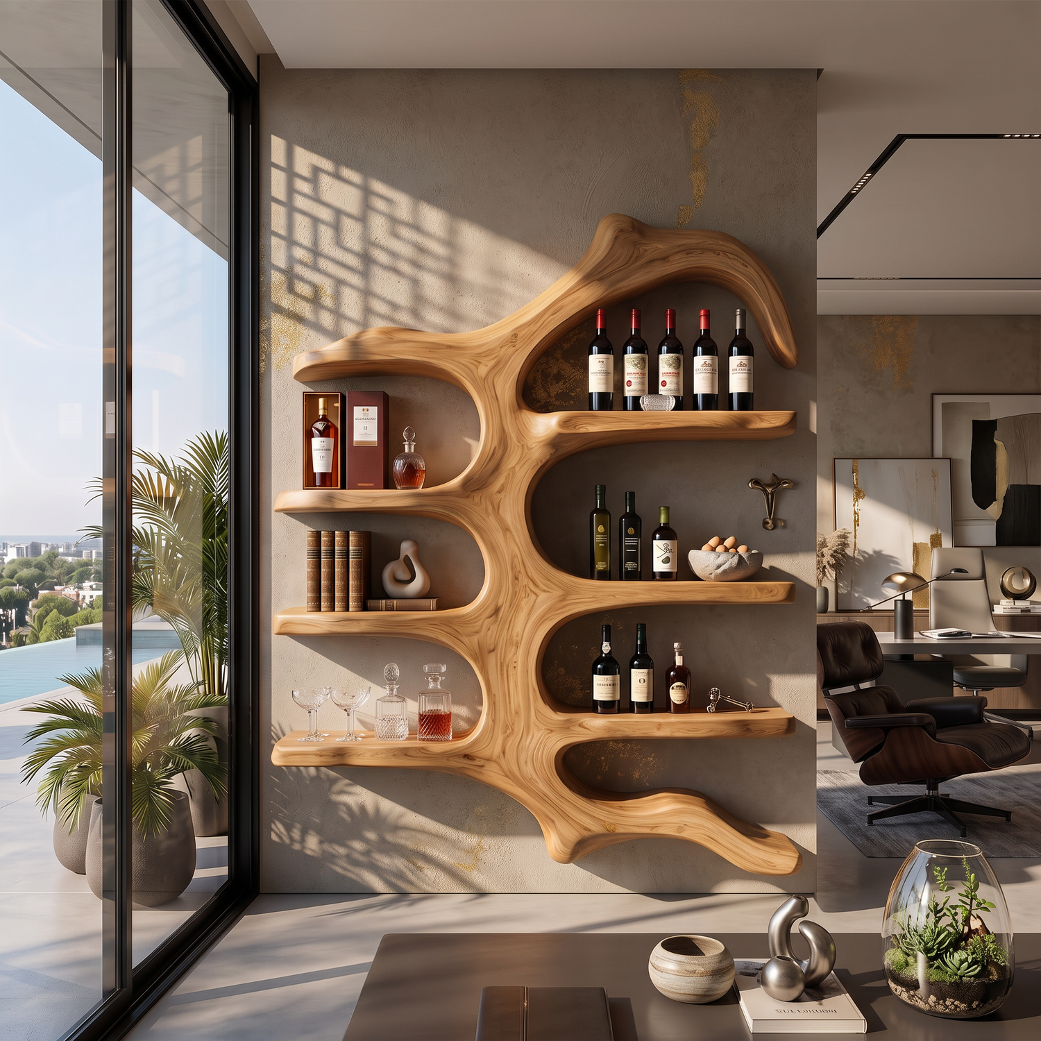 Wall Mounted Wine Rack Solid Wood with Sculptural Organic Frame and Floating Shelves
