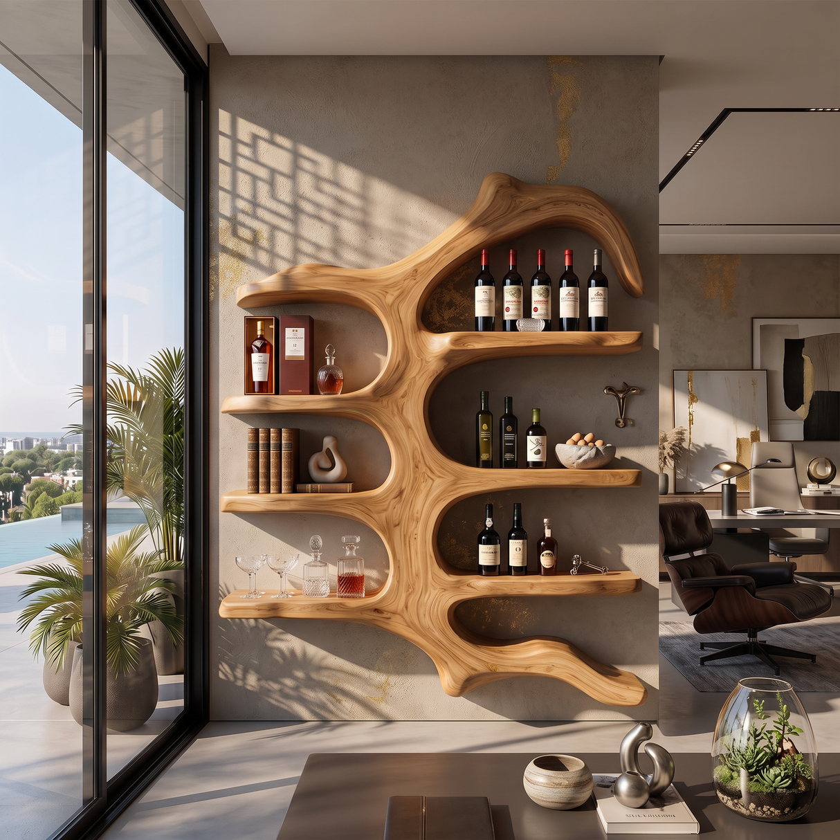 Wall Mounted Wine Rack Solid Wood with Sculptural Organic Frame and Floating Shelves