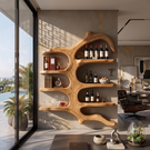 Wall Mounted Wine Rack Solid Wood with Sculptural Organic Frame and Floating Shelves