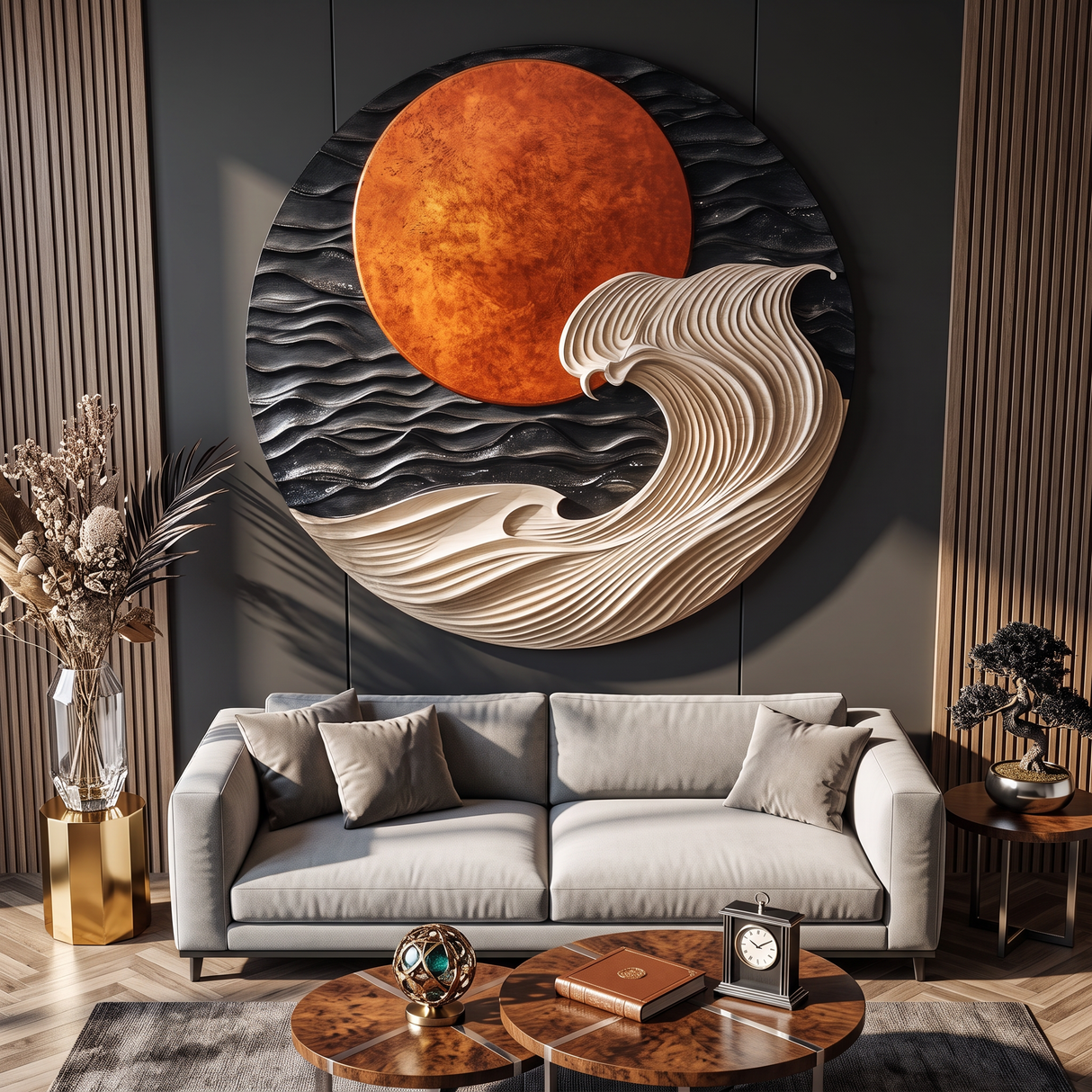 Round Wall Art Solid Wood with Layered Ocean Wave and Sunset Design for Home Decor