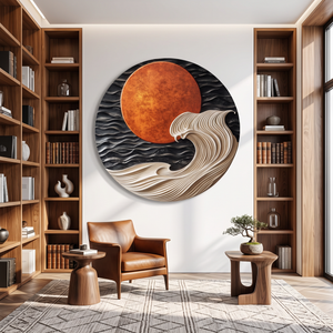 Round Wall Art Solid Wood with Layered Ocean Wave and Sunset Design for Home Decor