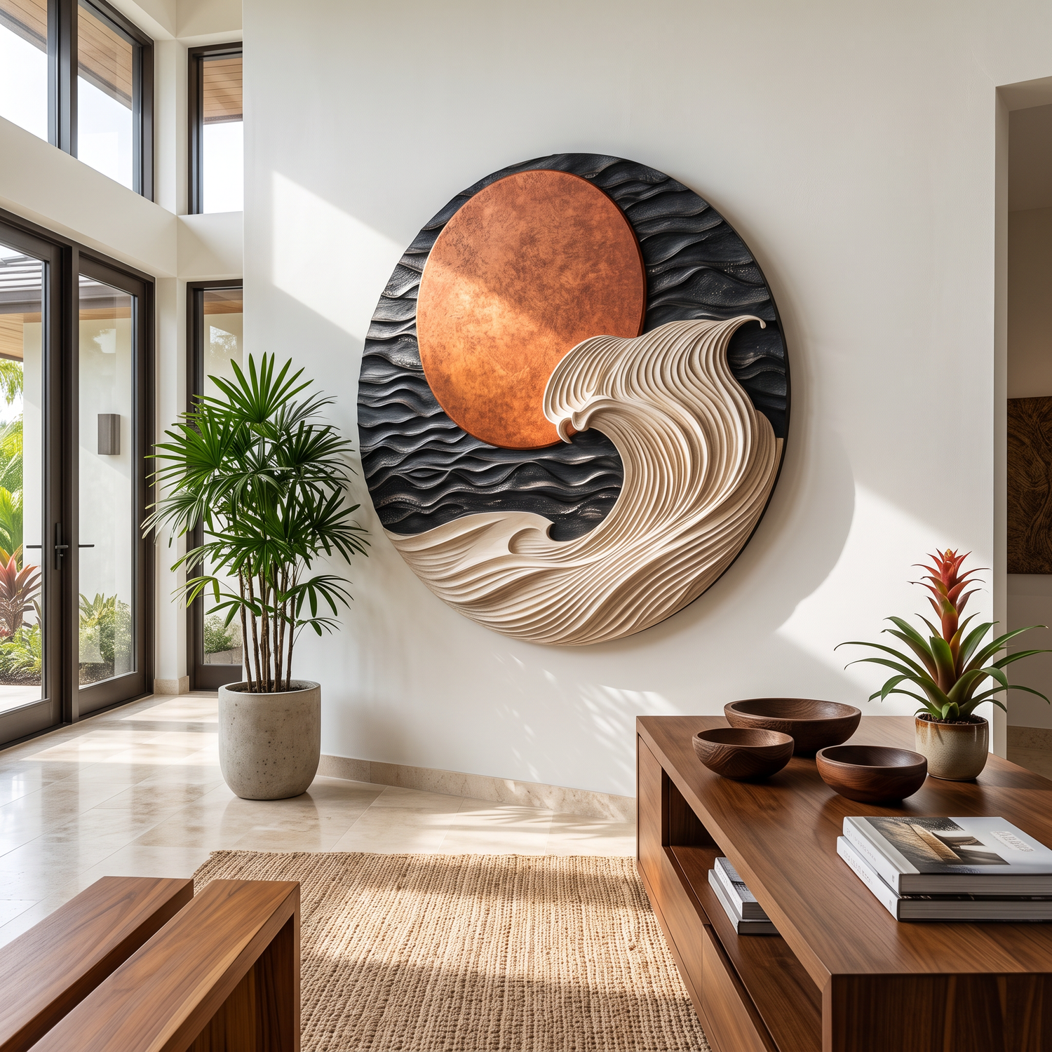 Round Wall Art Solid Wood with Layered Ocean Wave and Sunset Design for Home Decor