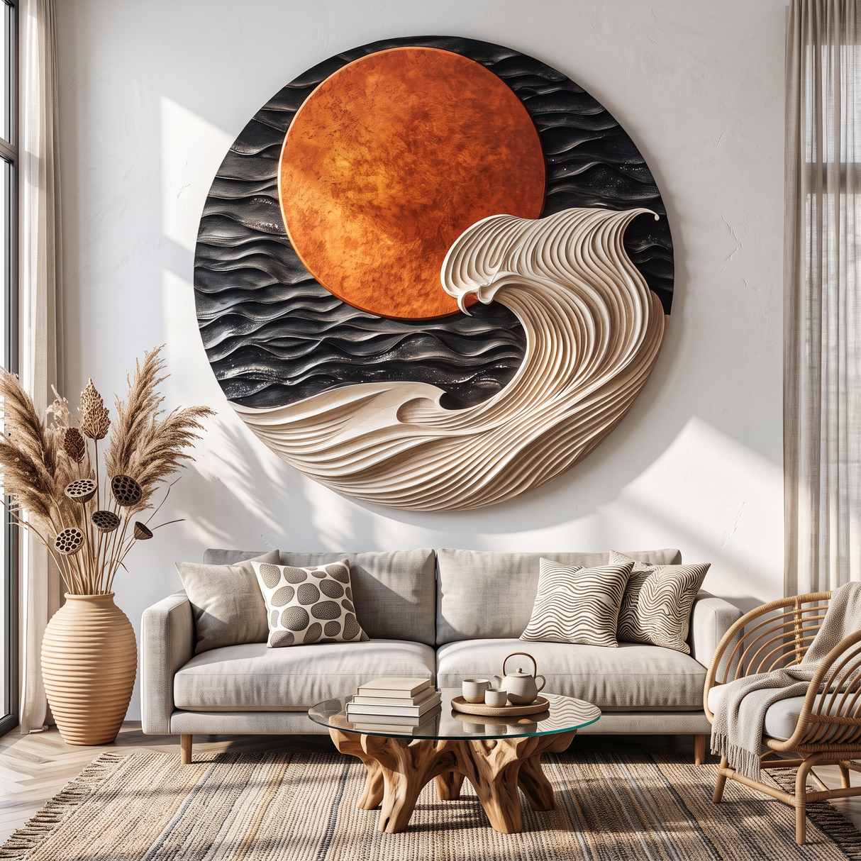 Round Wall Art Solid Wood with Layered Ocean Wave and Sunset Design for Home Decor