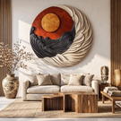 Round Wall Art Solid Wood with Sculptural Dual Wave and Sun Design