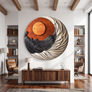 Round Wall Art Solid Wood with Sculptural Dual Wave and Sun Design
