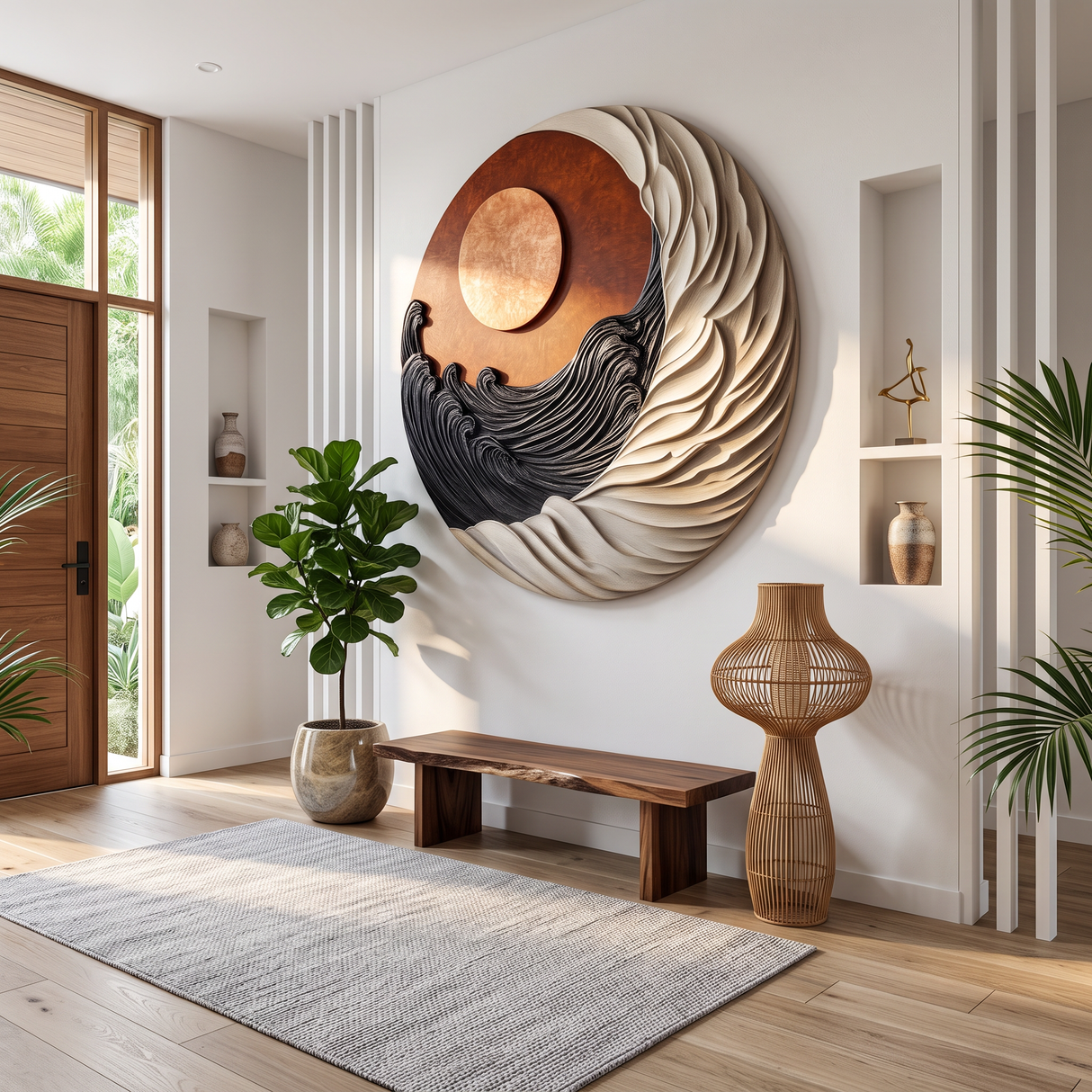 Round Wall Art Solid Wood with Sculptural Dual Wave and Sun Design